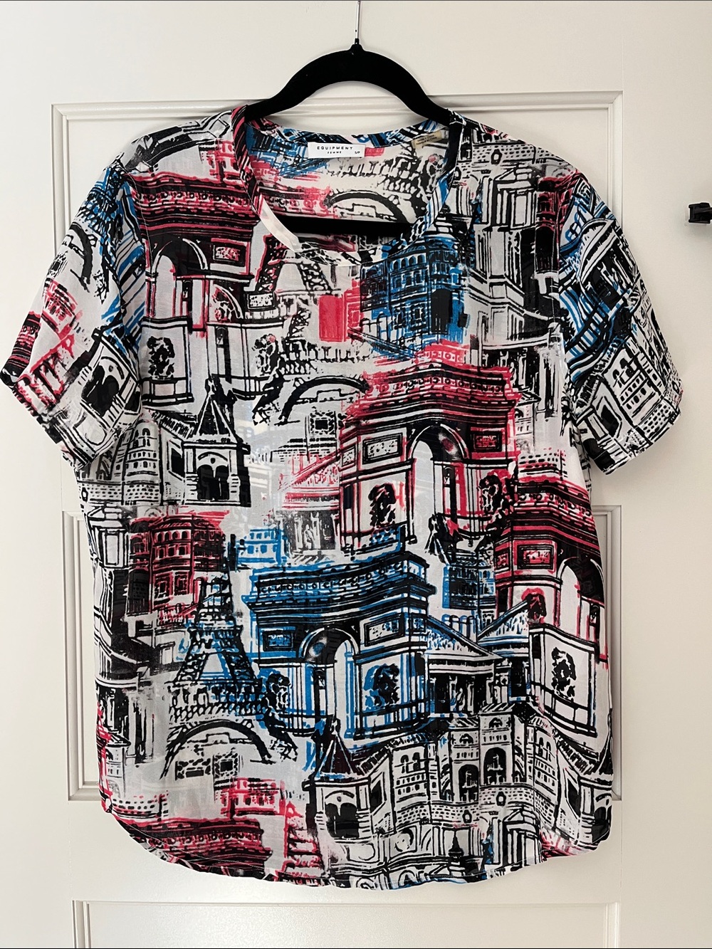 Equipment Short-Sleeve Architectural Print Shirt in Blue, Red & Black